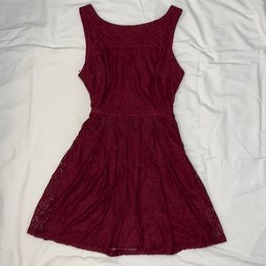 Wine red lace dress.